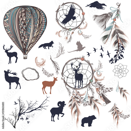 Fototapeta vector dreamcatchers with feathers, trees and animals