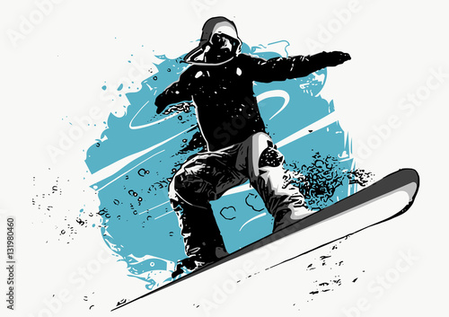Fototapeta na wymiar postać snowboardzisty na niebiesko-białym tle