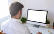 man working white screen computer man working white screen computer