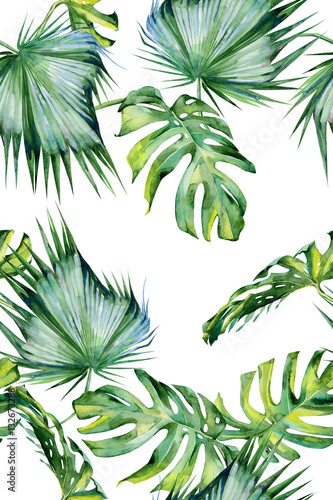  Seamless watercolor illustration of tropical leaves, dense jungle. Hand painted. Banner with tropic summertime motif may be used as background texture, wrapping paper, textile or wallpaper design.
