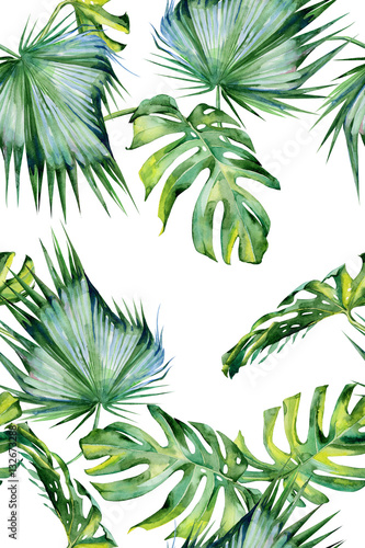 Seamless watercolor illustration of tropical leaves, dense jungle. Hand painted. Banner with tropic summertime motif may be used as background texture, wrapping paper, textile or wallpaper design.