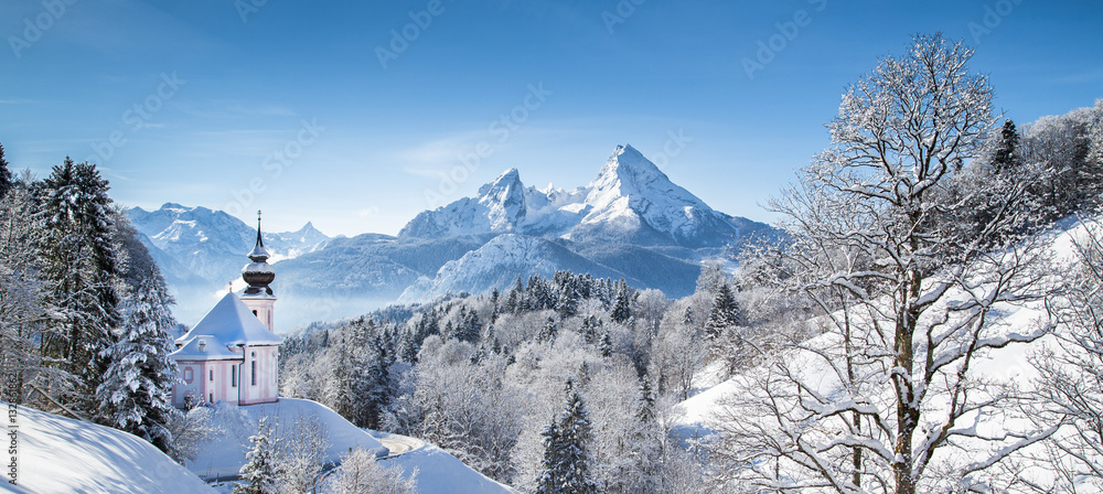 Church of Maria Gern with Watzmann in winter, Berchtesgadener Land, Bavaria, Germany