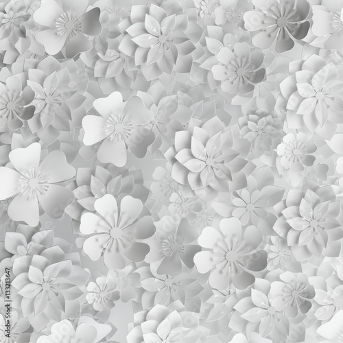 Fototapeta 3d render, digital illustration, white paper flowers, wedding floral background