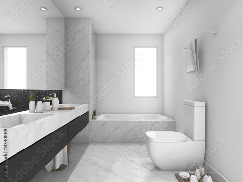 3d rendering white and black marble toilet and bathroom
