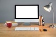 Books, table lamp and desktop pc on table Books, table lamp and desktop pc on table