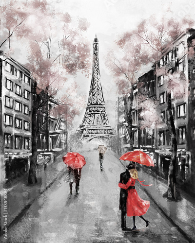 Fototapeta Oil Painting, Paris. european city landscape. France, Wallpaper, eiffel tower. Modern art. Couple under an umbrella on street
