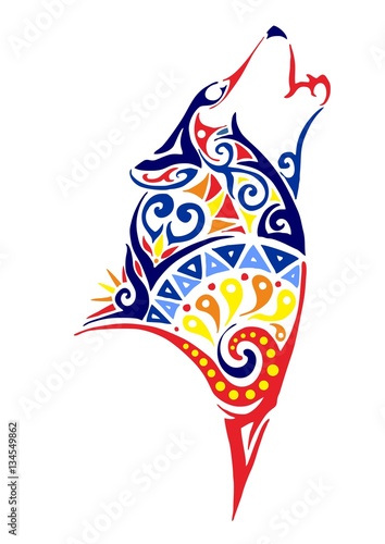 Fototapeta Colorful Wolf whine head tribal tattoo design for arm or leg vector