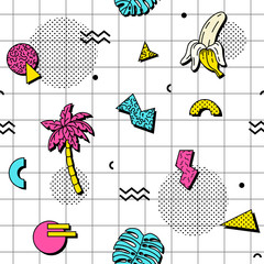 Seamless pattern with tropical leaves, bananas and palm trees in retro funky style