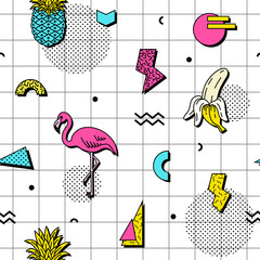 Seamless pattern with flamingos, bananas and pineapples in retro funky style