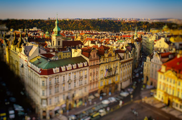 Old Town Square in eastern european Czech capital Prague - view from Town Hall with tilt-shift blurred effect