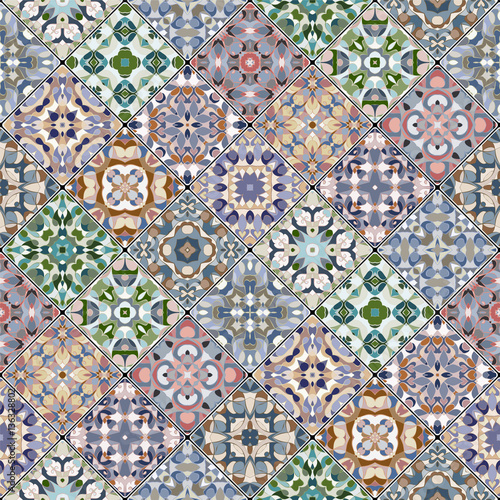  Orange, green and blue abstract patterns in the mosaic set. Square scraps in oriental style. Vector illustration. Ideal for printing on fabric or paper.