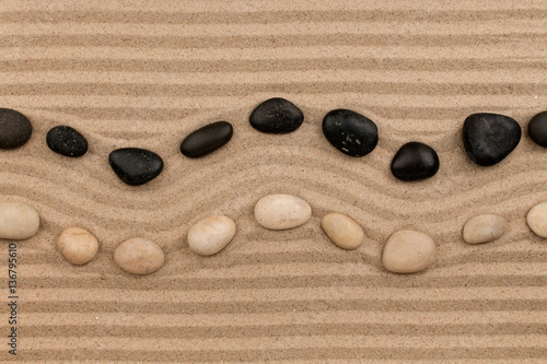 Two rows of stones lying on the sand, with space for text.