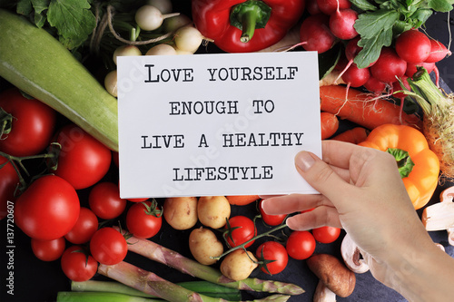Motivation Inspirational quote Love Yourself enough to live a healthy lifestyle. Success, Self acceptance, Happiness concept Photo by glisic_albina