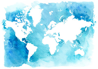 Vintage map of the world on a blue background. Watercolor illustration.