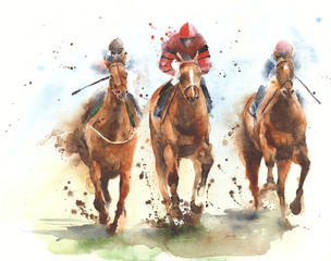Horse racing race riding sport jockeys competition horses running watercolor painting illustration 