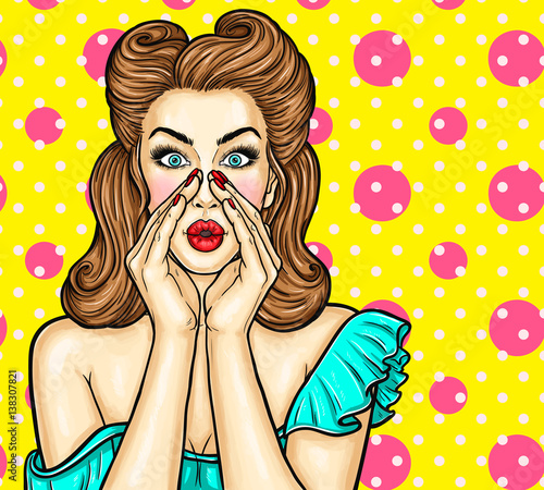 Fototapeta Sexy pop art girl holding hands to his mouth and whispers about discounts and sales