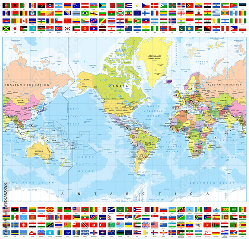 Plakat Centrowana mapa polityczna Ameryki i flagi wszystkich krajów świata - batymetria