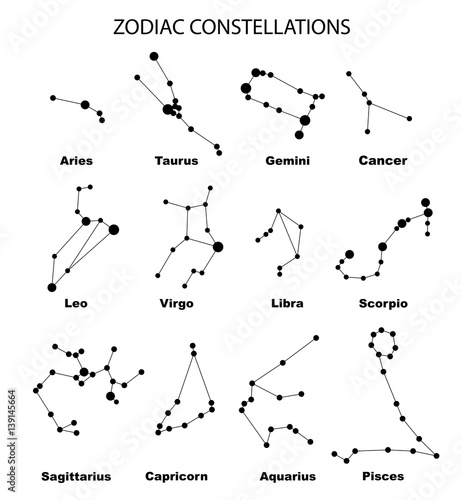 Zdjęcie XXL Wektor. Konstelacje 12 znaków zodiaku, konstelacji, ikon. Znak zodiaku gwiazd na białym tle. Świecące linie i punkty. Mapa gwiazd, mapa. Konstelacje z tytułami. Głęboka przestrzeń