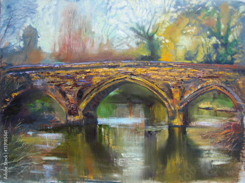 Fotoobraz na płótnie Ancient River Bridge w średniowiecznym ogrodzie zamkowym, oryginalny obraz olejny na płótnie