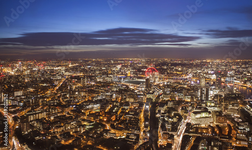 aerial view of London city in United Kingdom. Night scene photo with long exposure