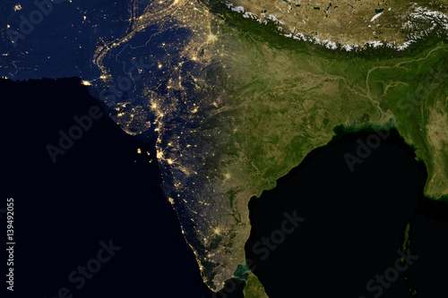 City lights on world map. India.
