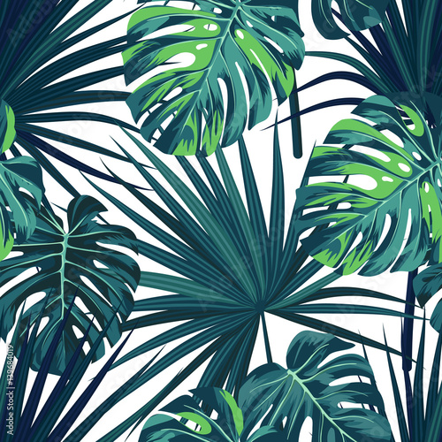 Tropical background with jungle plants. Seamless vector tropical pattern with green sabal palm and monstera leaves. © Ms.Moloko
