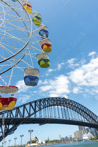 Zdjęcie XXL Ferris koła Luna parka niebieskie niebo chmurnieje schronienie most Sydney Australia. Copyspace.