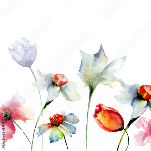 Obraz na płótnie Template for card with Narcissus and Tulips flowers
