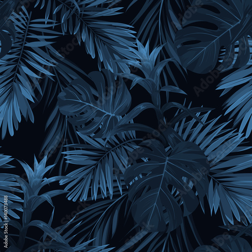Exotic tropical vrctor background with hawaiian plants and flowers. Seamless indigo tropical pattern with monstera and sabal palm leaves, guzmania flowers.