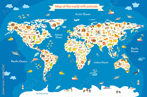 Plakat Mapa świata ze zwierzętami. Piękna kolorowa wektorowa ilustracja z inskrypcją oceany i kontynenty. Przedszkole, dla dzieci, dzieci, dzieci i wszystkich ludzi