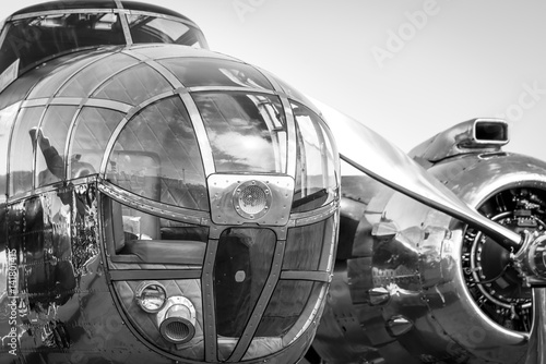  WWII B-25 Bomber close up view of nose, cockpit area and engine