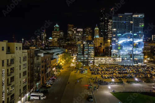 Seattle streets at night, downtown with nighttime skyline