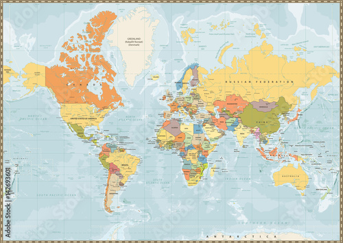 Fototapeta Political World Map vintage color with lakes and rivers