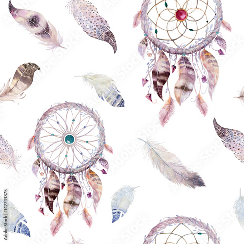 Dreamcatcher and feather pattern. Watercolor bohemian decoration. Watercolour color dream catcher design. Seamless repeating colour boho print. Tribal hand drawn chic wallpaper.