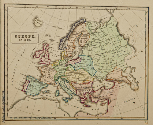 Zdjęcie XXL Europa w 1789 roku. Starożytna mapa świata. Wydane przez George'a Philipa i syna w Londynie w 1857 r. I nie podlegają prawom autorskim.