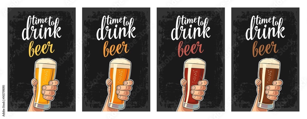 Male hand holding a glass with four types beer - light, white, red and dark.