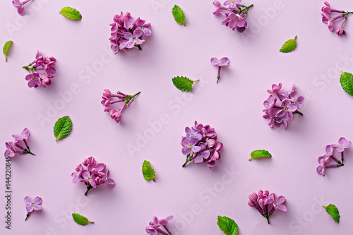 Fototapeta na wymiar Floral pattern on the purple background. Flat lay flowers. Top view
