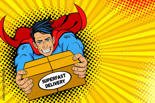 Zdjęcie XXL Pop-art superbohater. Młody przystojny szczęśliwy człowiek w kostiumie superbohatera leci trzymając duże pudełko z super szybkim dostarczeniem tekstu. Ilustracja wektorowa w komiks stylu retro pop-artu. Szablon plakat dostawy.