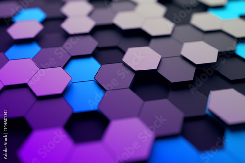 Zdjęcie XXL Abstrakcjonistyczny 3d rendering futurystyczna powierzchnia z sześciokątami. Współczesny science-fiction tło z efekt bokeh. Projekt plakatu.
