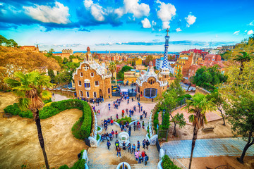 Barcelona, Catalonia, Spain: the Park Guell of Antoni Gaudi at sunset
