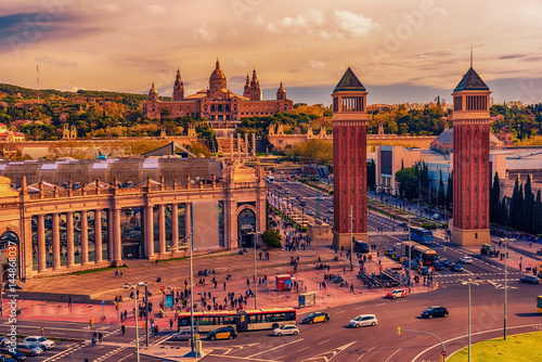 Zdjęcie XXL Widok z lotu ptaka z góry Barcelona, Katalonia, Hiszpania. Palau National, National Palace, Narodowe Muzeum Sztuki Katalonii