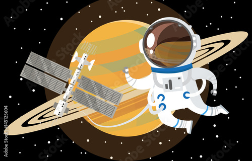 Obraz na płótnie astronauta i orbita stacji kosmicznej w pierścieniach saturnowych