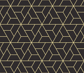 Seamless antique palette black and gold isometric revolving triangles outline pattern vector