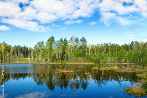 Plakat Chmury odbijają się w leśnym jeziorze. Wiosna krajobraz. Mazury, Polska.