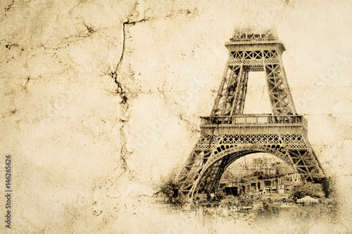 Plakat Wieża Eiffla w Paryżu. Vintage widok tła. Tour Eiffel stare zdjęcie w stylu retro z pęknięciami zmiętego papieru.