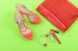 Stylish woman red Handbag and cosmetics,makeup accessories on green background Stylish woman red Handbag and cosmetics,makeup accessories on green background