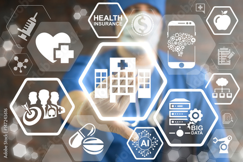 Plakat Nowoczesny szpital - innowacyjna klinika futurystyczna, koncepcja integracji technologii informatycznych. Smart Health Care integruje IoT, AI, big data, cloud, Robotic. Intelektualna pomoc medyczna.