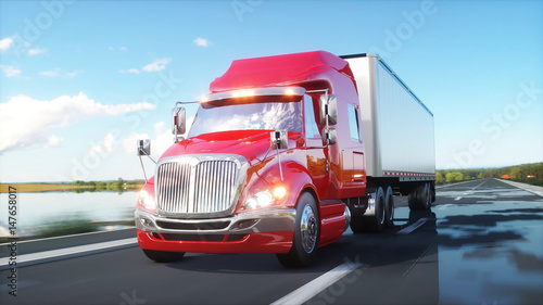 Plakat naczepa, Ciężarówka na drodze, autostrada. Transport, koncepcja logistyki. 3d rendering.