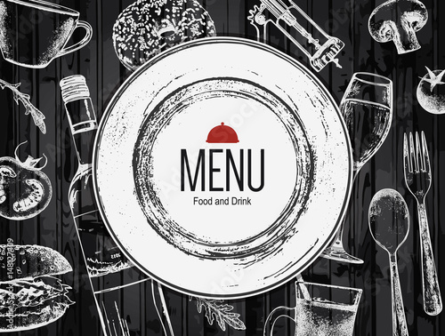 Plakat Wygląd menu restauracji. Wektor menu szablon broszura dla kawiarni, kawiarnia, restauracja, bar. Projektowanie logo symbol żywności i napojów. Z obrazami szkicu