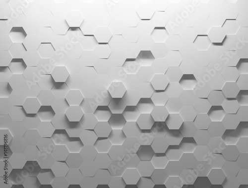  White shaded abstract geometric texture. Origami paper style. Hexagonal elements. 3D rendering background.